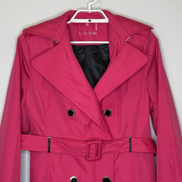 Calvin Klein Trench Coat Womens Size Medium Hot Pink Belted Double Breasted NEW - Picture 2 of 12